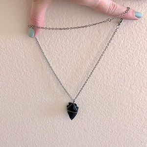 Handmade Black Arrowhead Stone Necklace set in Silver on ~18” silver chain